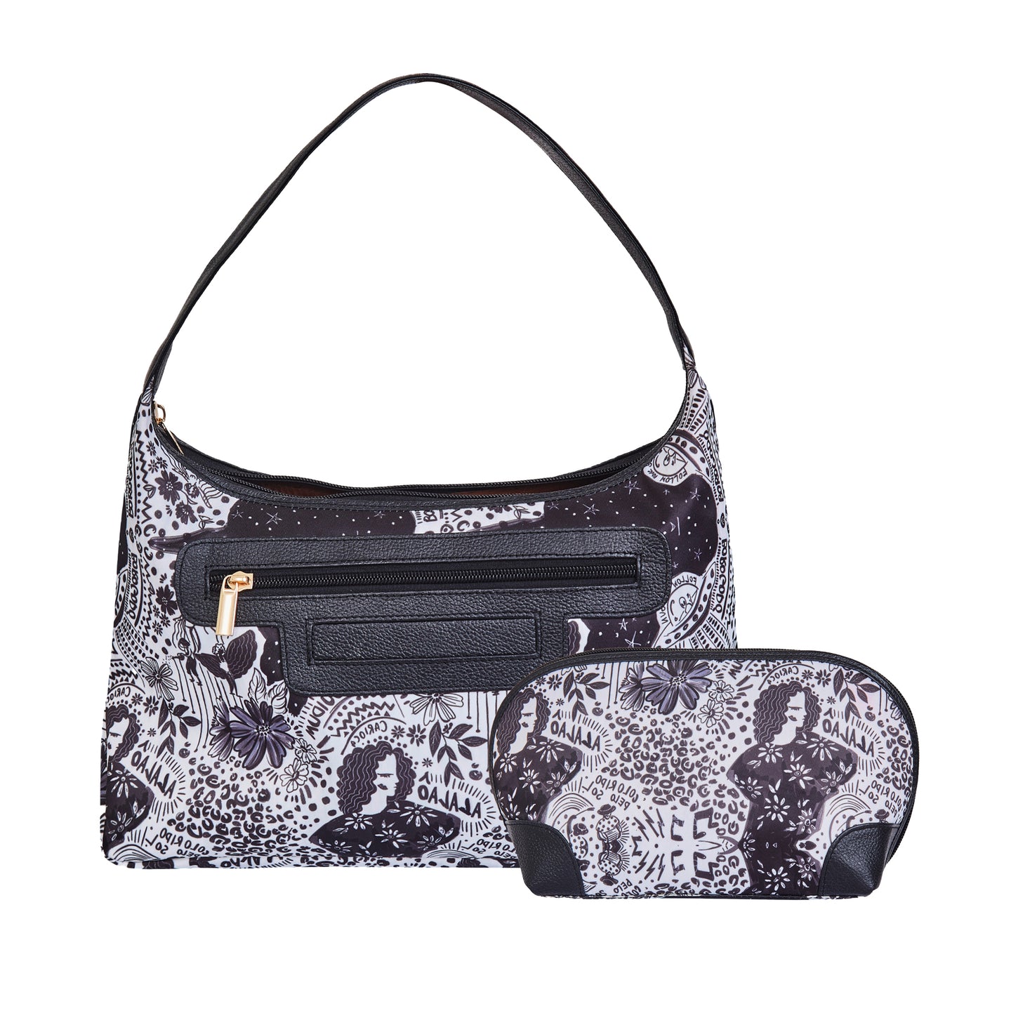 Monochrome Leather Trim Sling Hobo & Cosmetic Bag Combo for ladies